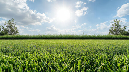 Sunlit green grass field with blue sky and clouds