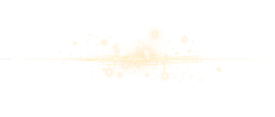 Golden glowing horizontal light burst with sparkling rays and abstract energy flare on transparent background.