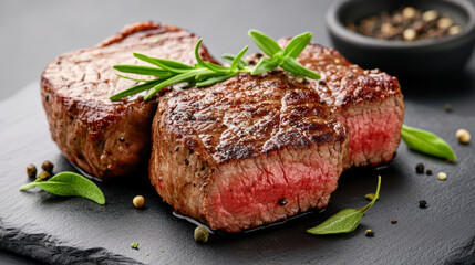 Juicy medium rare steak with rosemary garnish on slate, appetizing restaurant meal