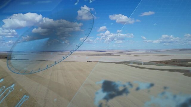 Overlay appearing, translucent blue HUD graphics sliding and rotating to visualize crop mapping