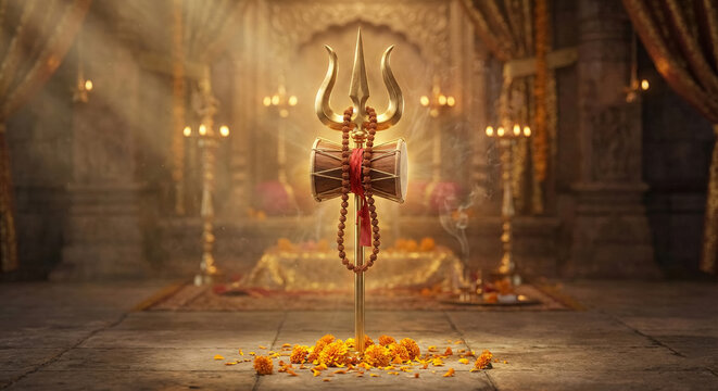 Golden Trishul and Damaru with Marigold Flowers in Temple Setting shiva trident