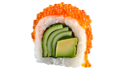 Close up of salmon avocado sushi roll isolated on transparent background