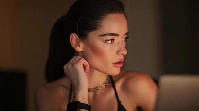 Thoughtful woman resting her chin on her hand in a dimly lit room, wearing a black strappy top, necklace, and a smartwatch.