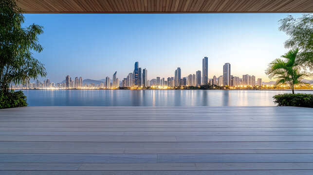 City skyline reflection waterfront balcony at dusk with calm water and warm lights - Powered by Adobe