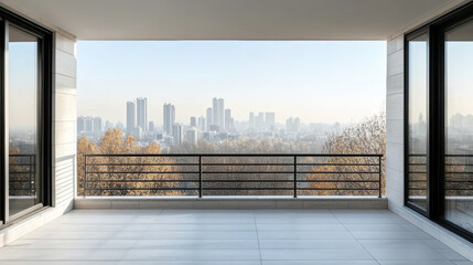 Fototapeta premium Modern apartment balcony with city skyline and autumn trees in soft haze
