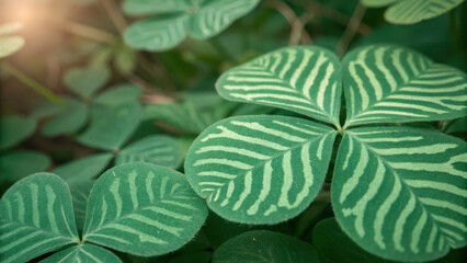 St patricks graphic design. Whimsical clover leaves with zebra like stripes in sunlight