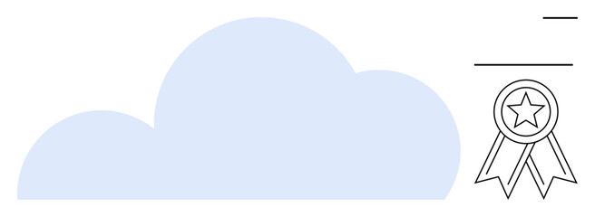 Cloud computing, data safety, certification, trust, network reliability, digital security. A cloud shape with a certification badge. Cloud computing and data safety visualization