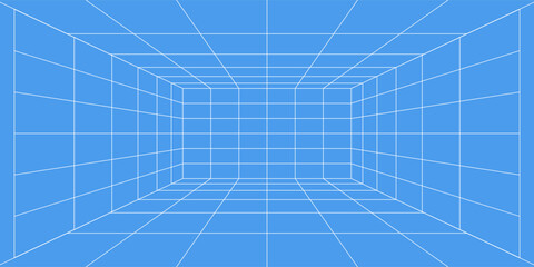 3d wireframe grid room. 3d perspective laser grid 16 9.. Cyberspace blue background with white mesh. Futuristic digital