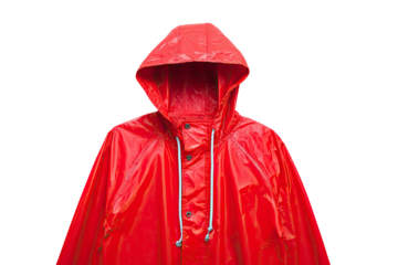 Bright red hooded raincoat made of shiny waterproof material for protection against rain isolated on transparent background