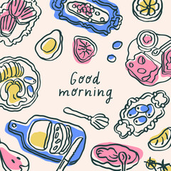 Good Morning card design. Hand-drawn doodle framed square background with morning food, sketch drawings. Breakfast snacks and phrase in Dolce Vita scribble style. Handdrawn vector illustration