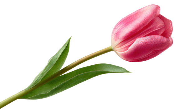 Beautiful vibrant pink tulip flower with a long green stem and single leaf isolated on transparent background - Powered by Adobe
