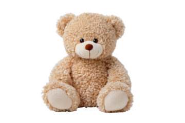 Fluffy light brown teddy bear toy with a cute expression sitting upright isolated on transparent background
