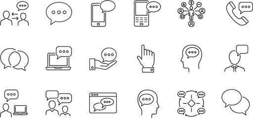 Digital Communication Icons Vector Set, Network and Social Connection Symbols for Mobile, Laptop, Chat, Brainstorming, Support, Service, Dialogue, Conversation, Idea Exchange