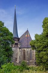 St. Peter's church in Muhlhausen, seen from the moat around the town