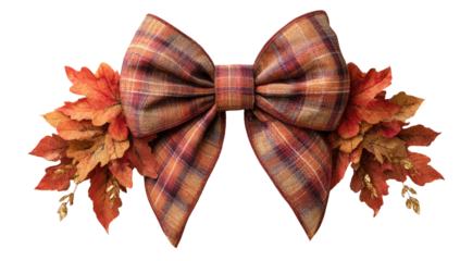 Plaid autumn bow with colorful fall leaves and golden accents isolated on transparent background