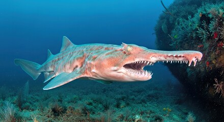Rare Goblin Shark with Protruding Jaws in Deep Ocean Waters