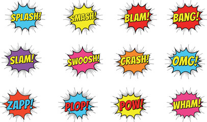 Explosive Comic Book Sound Effect Set: 'SMASH!', 'BANG!', 'POW!', 'WHAM!' Vector Collection for Pop Art, Retro Cartoons, Superhero Themes, and Dynamic Graphic Design Elements.