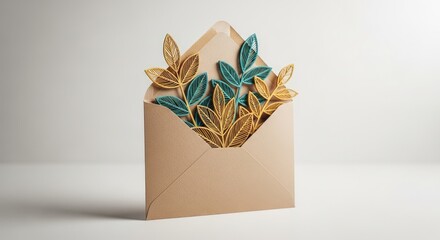 Elegant Gold and Teal Paper Leaves in Open Envelope Mockup