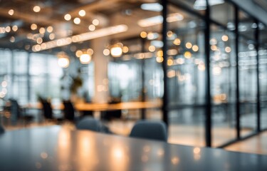 Blurred modern office interior with warm light reflections on a foreground table.