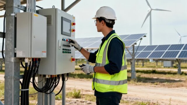 Medium shot showing a technician configuring a renewable energy integration system with solar panels and wind turbines in the background.