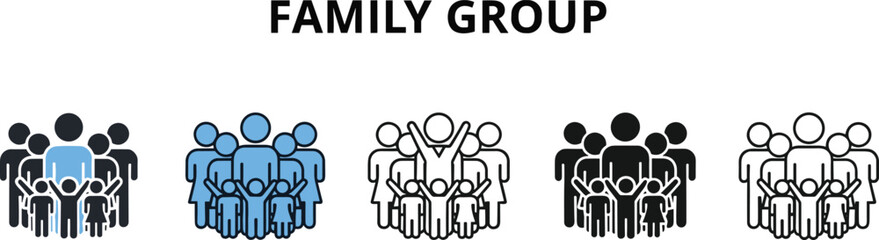 Diverse family group icon set representation of unity, community, and social organization; depicting parents, children, and adult members standing together in support and happiness, emphasizing 