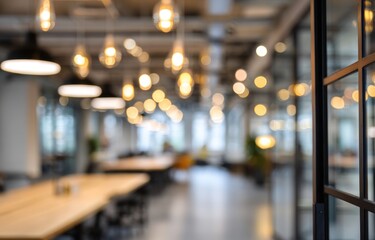 Blurred modern office interior with warm hanging light bokeh and glass partition.
