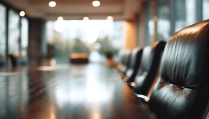 Empty conference room with dark leather chairs and polished table.