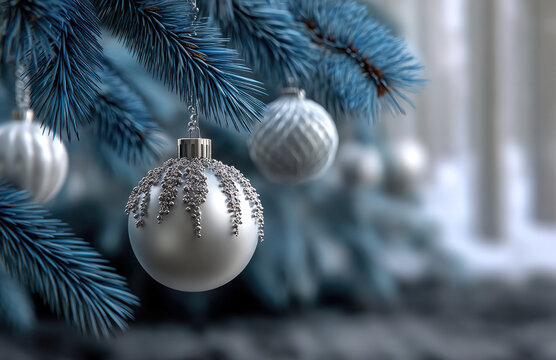 Silver ornament ball hanging on blue pine branch, sparkling winter decoration, festive holiday mood, blurred snowy background - Powered by Adobe