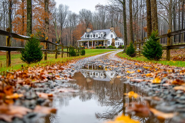 Reflection of a house in puddles on a winding driveway in autumn Generative AI