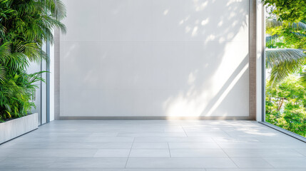 Fototapeta premium Bright empty modern interior with large windows and lush plants creating calm sunlight