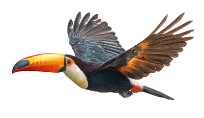 Obraz premium Vibrant toucan bird in mid-flight with wings spread, showcasing its colorful beak and plumage, isolated on transparent background