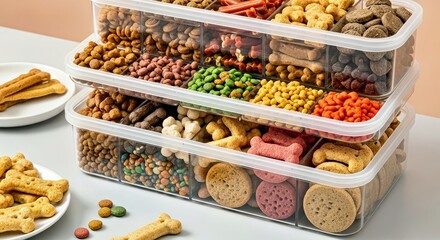 Layered Pet Food Storage Container with Colorful Treats Mockup