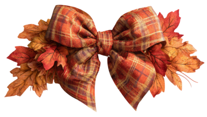 Warm autumn plaid bow with colorful fall leaves arranged in a festive seasonal garland isolated on transparent background