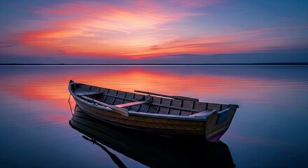 Lone Boat on Calm Lake at Twilight with Pink and Blue Sky