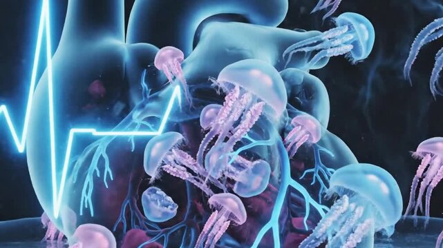 An abstract 3D animation presents a captivating view of translucent, jellyfish-like forms gracefully navigating within intricate, glowing blue biological structures. The scene is bathed in vibrant pur