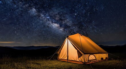 Lone Illuminated Tent Under a Vast Starry Night Sky
