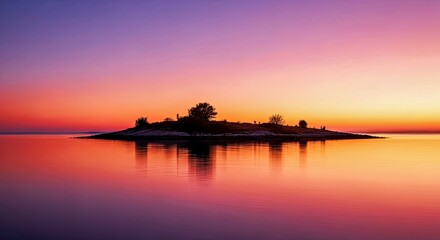 Lone Island in Calm Water at Pastel Sunset or Sunrise