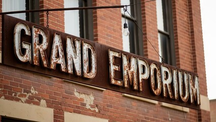 Obraz premium Faded Rusted Emporium Sign on Brick Building
