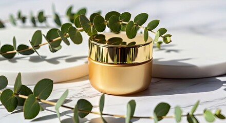 Luxury Eye Cream in Gold Jar on Marble with Fresh Eucalyptus