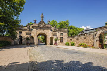 The south side of the Paulus gate in Fulda, initially located between the city palace and the main guardhouse, was moved to its current location at the end of the Pauluspromenade