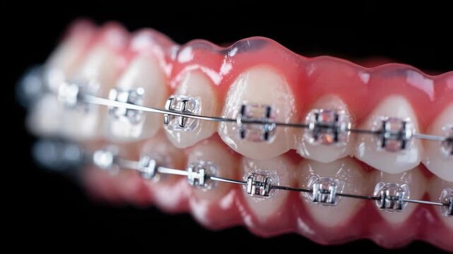 Close-up of teeth wearing metal braces with brackets and wires.