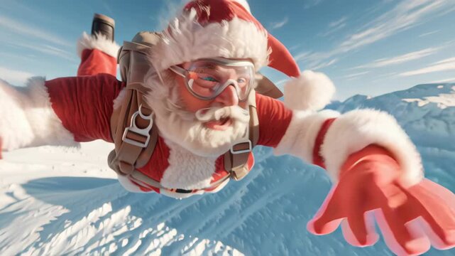Santa skydives over a winter landscape while wearing a red suit and diving gear