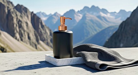 Modern Black and Copper Soap Dispenser on Marble Tray Mountainside
