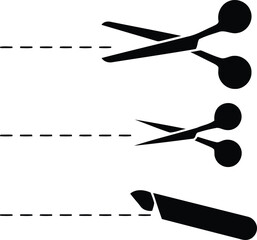 Scissors cutting dashed lines and a utility knife cutting a dashed line.