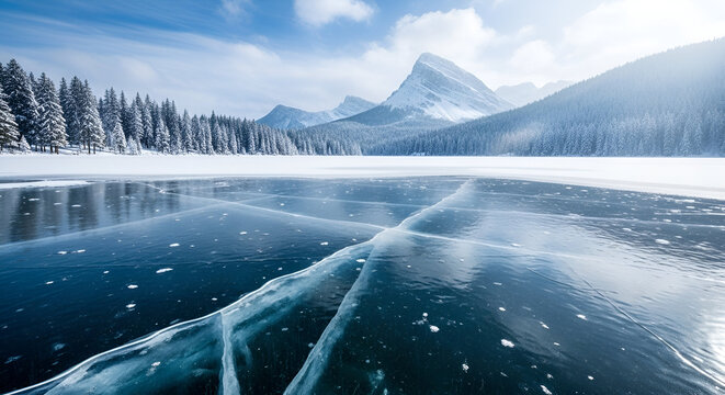 Cracked ice surface on a frozen lake with snow covered mountains and trees - Powered by Adobe