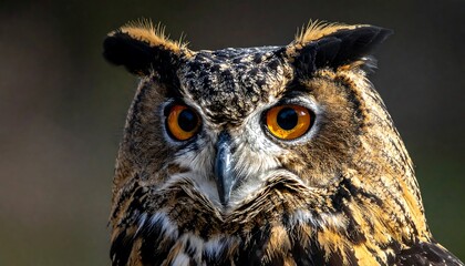 Naklejka premium Close-up of an owl with striking orange eyes and patterned feathers, gazing intensely at the viewer