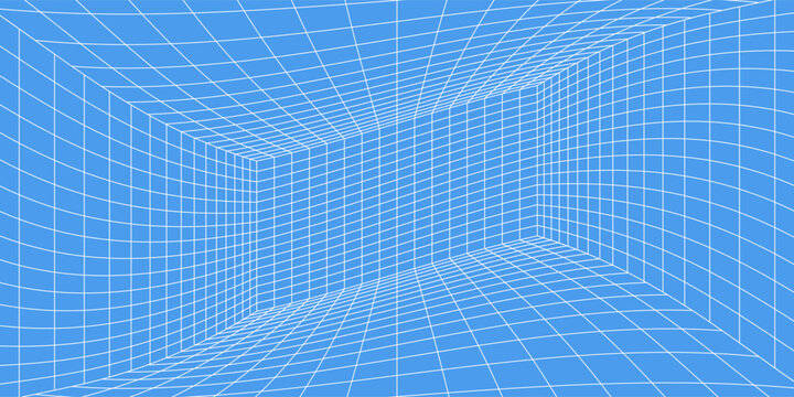 3d wireframe grid room. 3d perspective laser grid 16 9.. Cyberspace blue background with white mesh. Futuristic digital