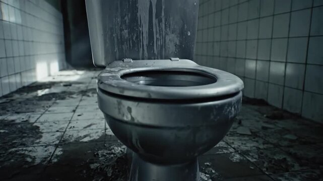 Abandoned toilet in dilapidated grimy hallway with dramatic light