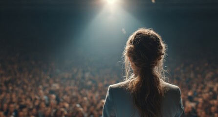 Woman with long hair stands on stage, illuminated by spotlight, facing a large audience, conveying a sense of empowerment and connection during a motivational speech event