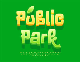 Vector Fresh icon Public Park. Funny Green Alphabet Letters and Numbers set. Modern Decorative 3D Font.